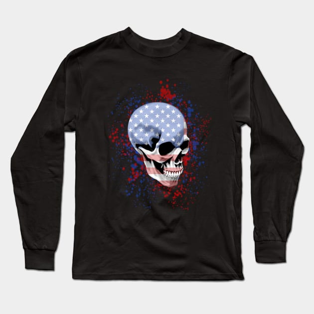 American Flag Pattern Filled Skull Long Sleeve T-Shirt by Roly Poly Roundabout
